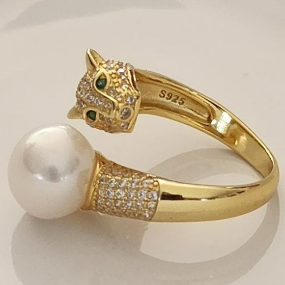 925S Genuine 10 mm Freshwater Pearl Adjustable Gold Ring With Leopard Design - Picture 4 of 16